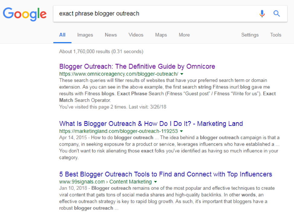 blogger outreach exact phrase match